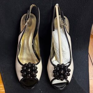 Anne Klein Black and Cream Floral Embellished Heels
